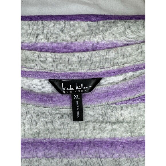Womens Nicole Miller Short Sleeve Shirt Purple Gray Stripe Flower Top XL - Picture 8 of 8